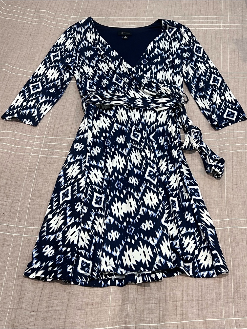 AB Studio Navy and White Geometric Wrap Dress